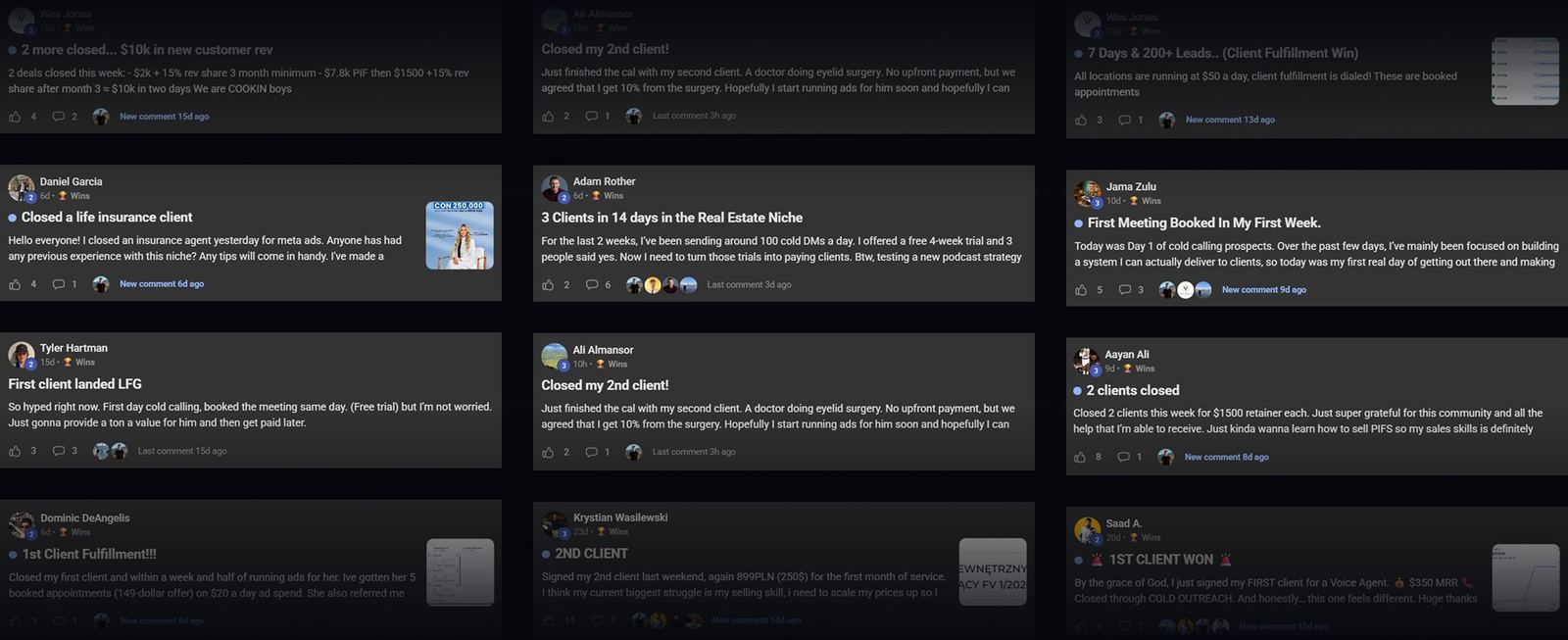 Twelve community win posts arranged in three columns